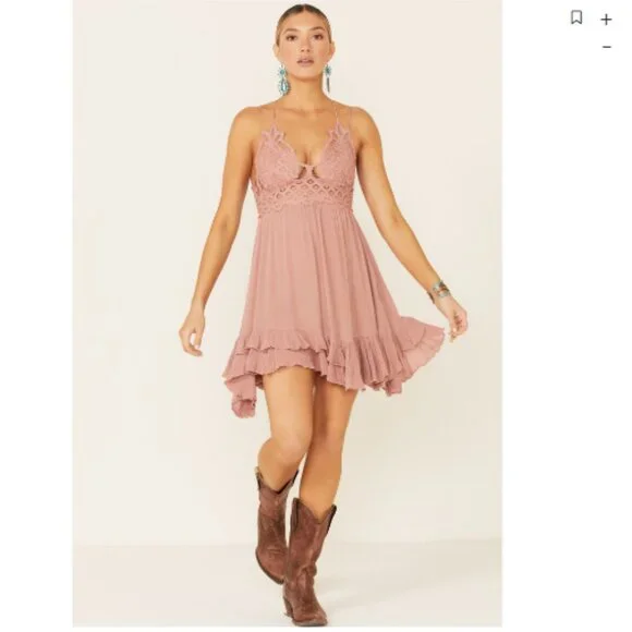 Free People Womens Adella Flowy lace Slip Dress Dusty Rose Pink Size ? Women's - Picture 1 of 14
